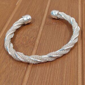Twisted Mesh Cuff Bangle Bracelet for Women Sterling Silver Plated Adjustable
